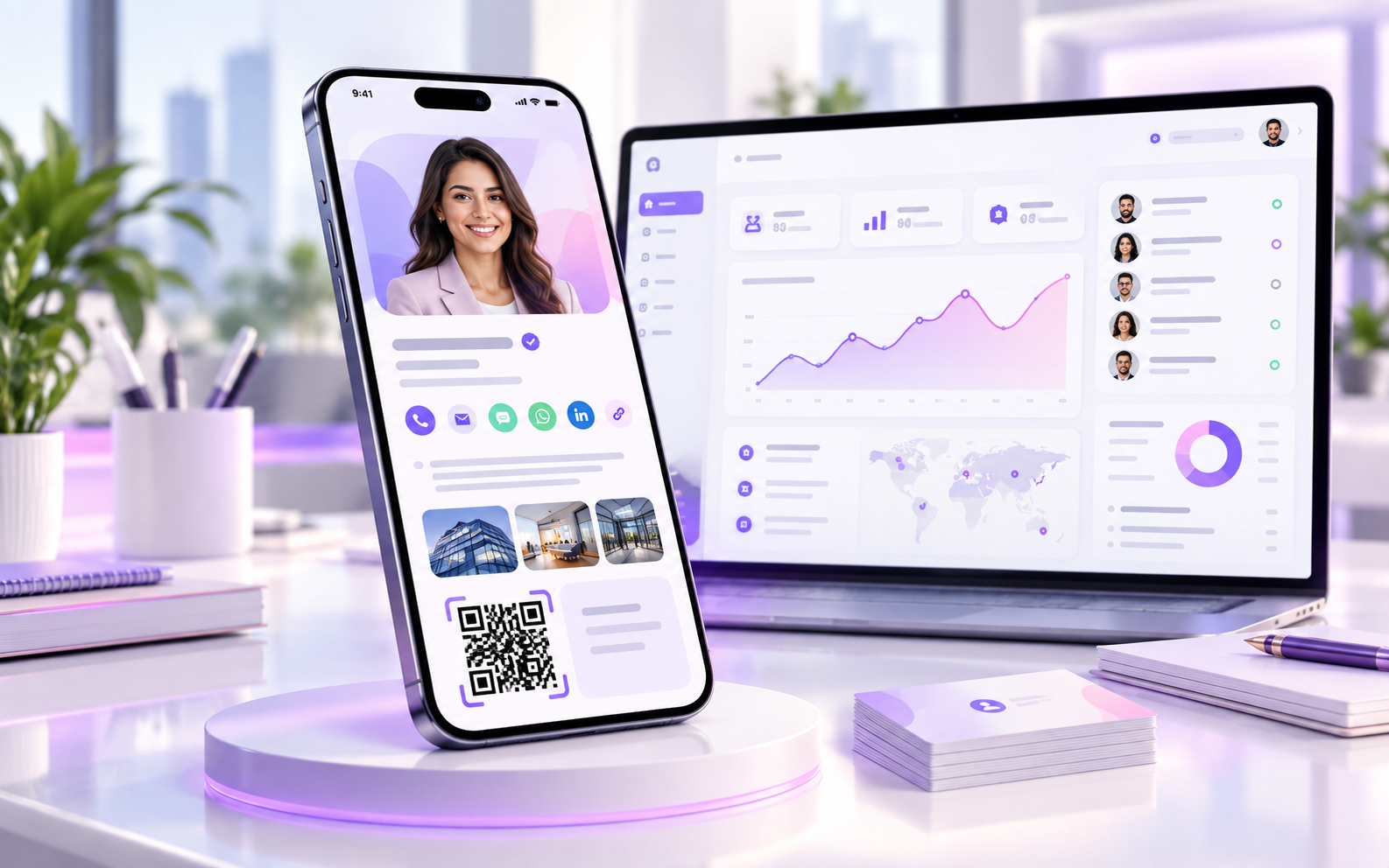 CardSave digital business card on a smartphone with QR sharing, social links and a team dashboard